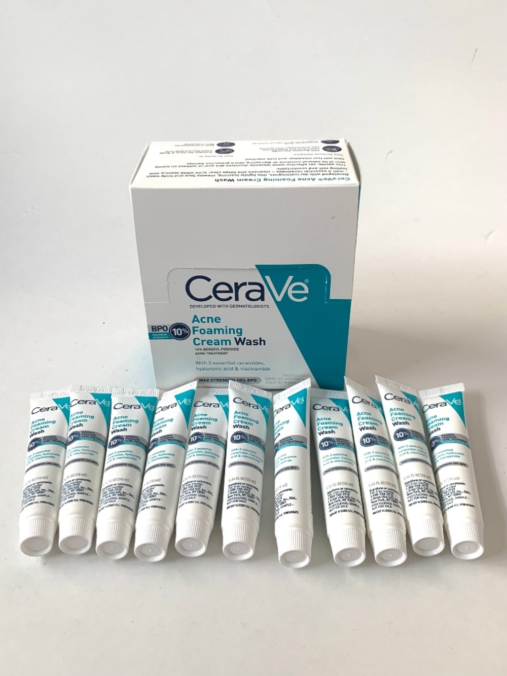 11 CeraVe Acne Foaming Cream Wash10% Benzoyl Peroxide Box of 11 Tubes 0.34 fl oz